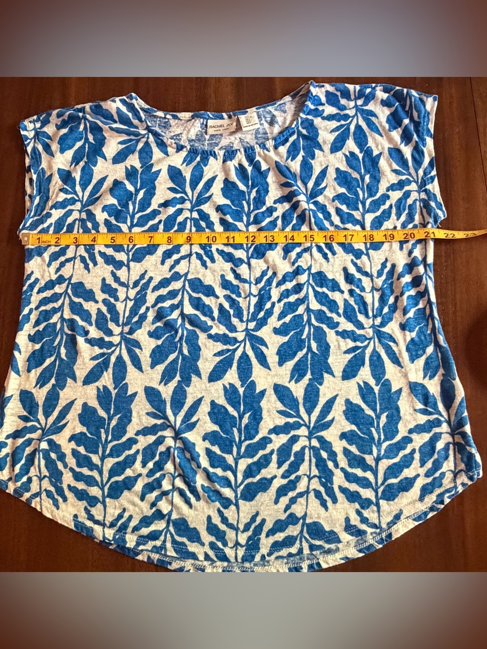 Rachel Zoe Cream Linen Tee with Bold Blue Leaf Print - Picture 3 of 8